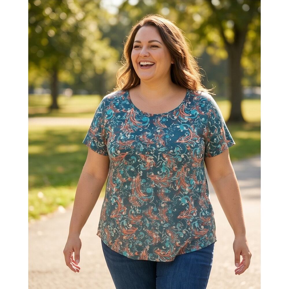 LuLaRoe Classic T Scoop Neck Short Sleeve Top 3XL Teal Coral Filigree Print